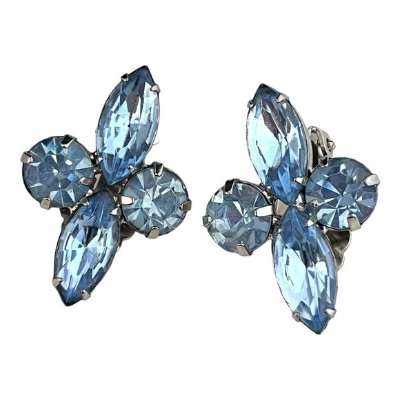 Vintage Earrings Silver Tone Prong Set Blue Rhinestone Clip On  1Q - Picture 1 of 5